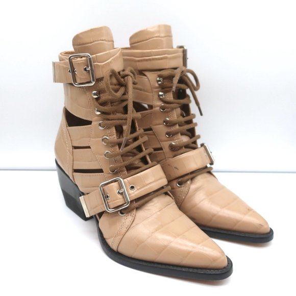 CHLOE RYLEE CUTOUT LACE-UP ANKLE BOOTS BEIGE CROC-EFFECT LEATHER SIZE 38.5 - Picture 3 of 12
